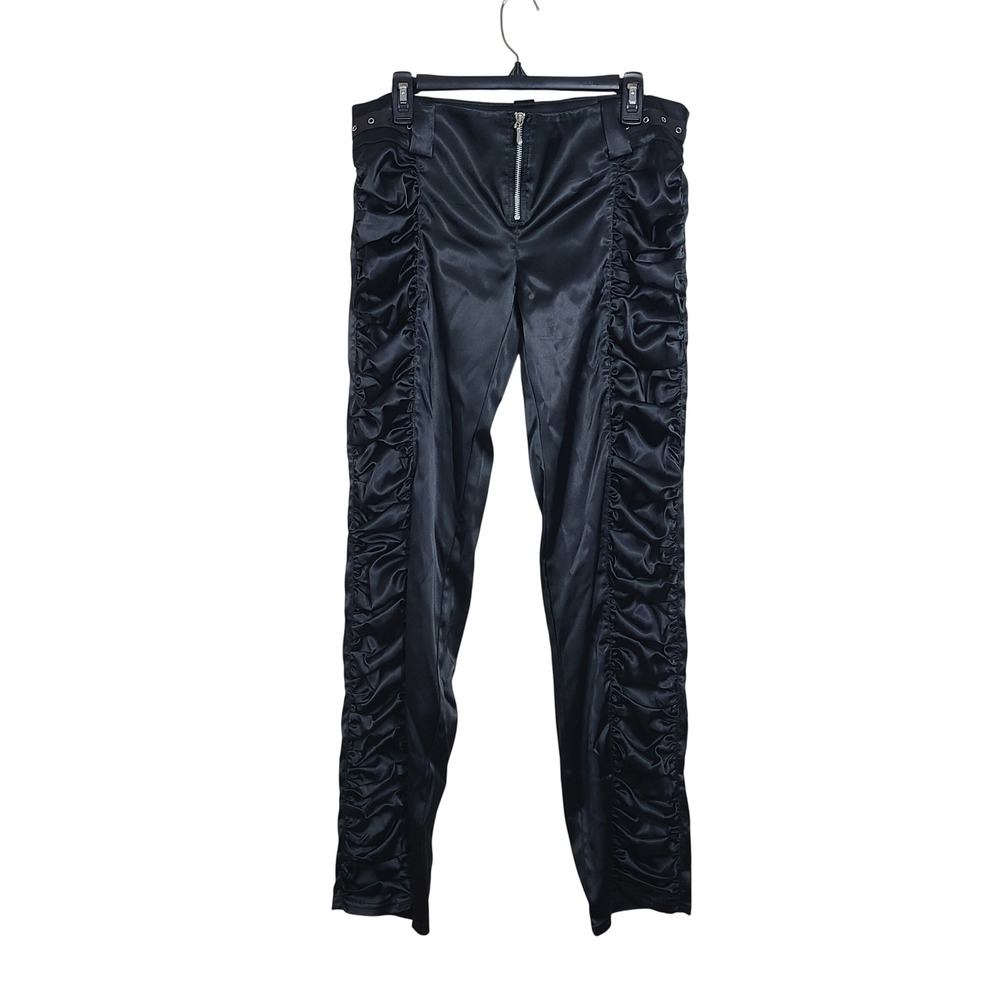 Vintage Luly K Black Satin Ruched Leg Grommet‎ Belt Pants L Moto Grunge Y2K